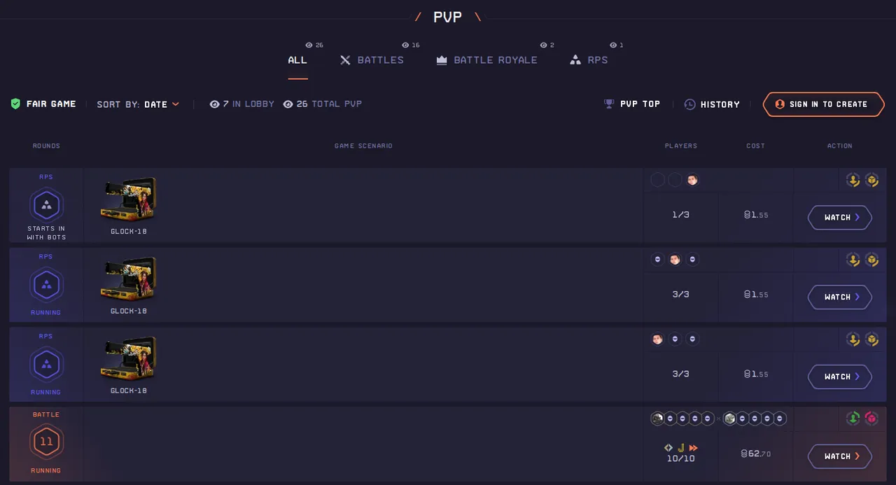 The DatDrop PvP lobby listing open case battles and rock paper scissors games