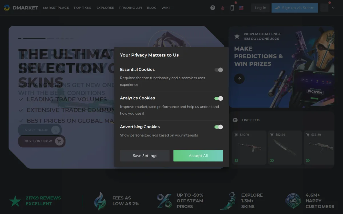 DMarket marketplace listings and buy/sell interface for CS2 skins