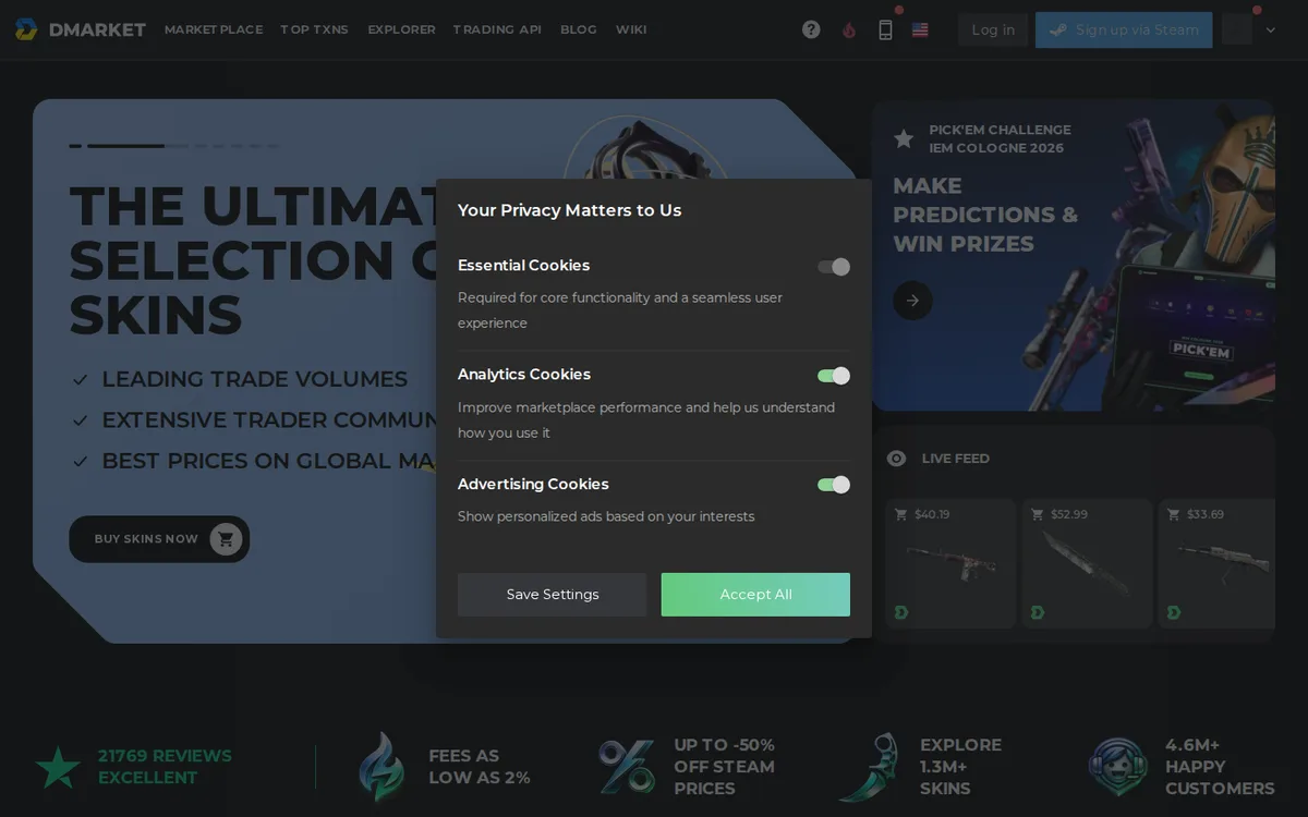DMarket homepage showing the CS2, Dota 2, TF2 and Rust skins marketplace
