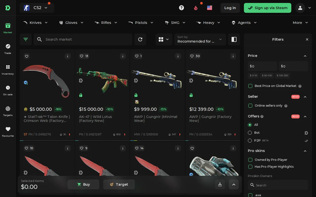The DMarket CS2 market, logged out, with knives and rifles and their price tags, filters for Bot or P2P offers, and Buy and Target buttons