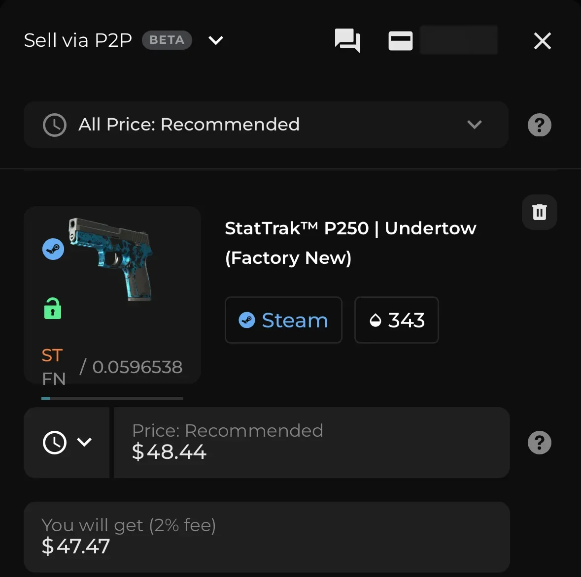 The DMarket Sell via P2P screen for a StatTrak P250 Undertow at a recommended $48.44, with You will get (2% fee) $47.47