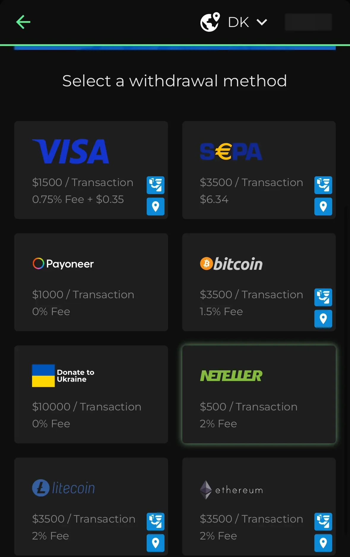 The DMarket withdrawal screen, set to Denmark, with Visa, SEPA, Payoneer and crypto payouts, each with its limit and fee