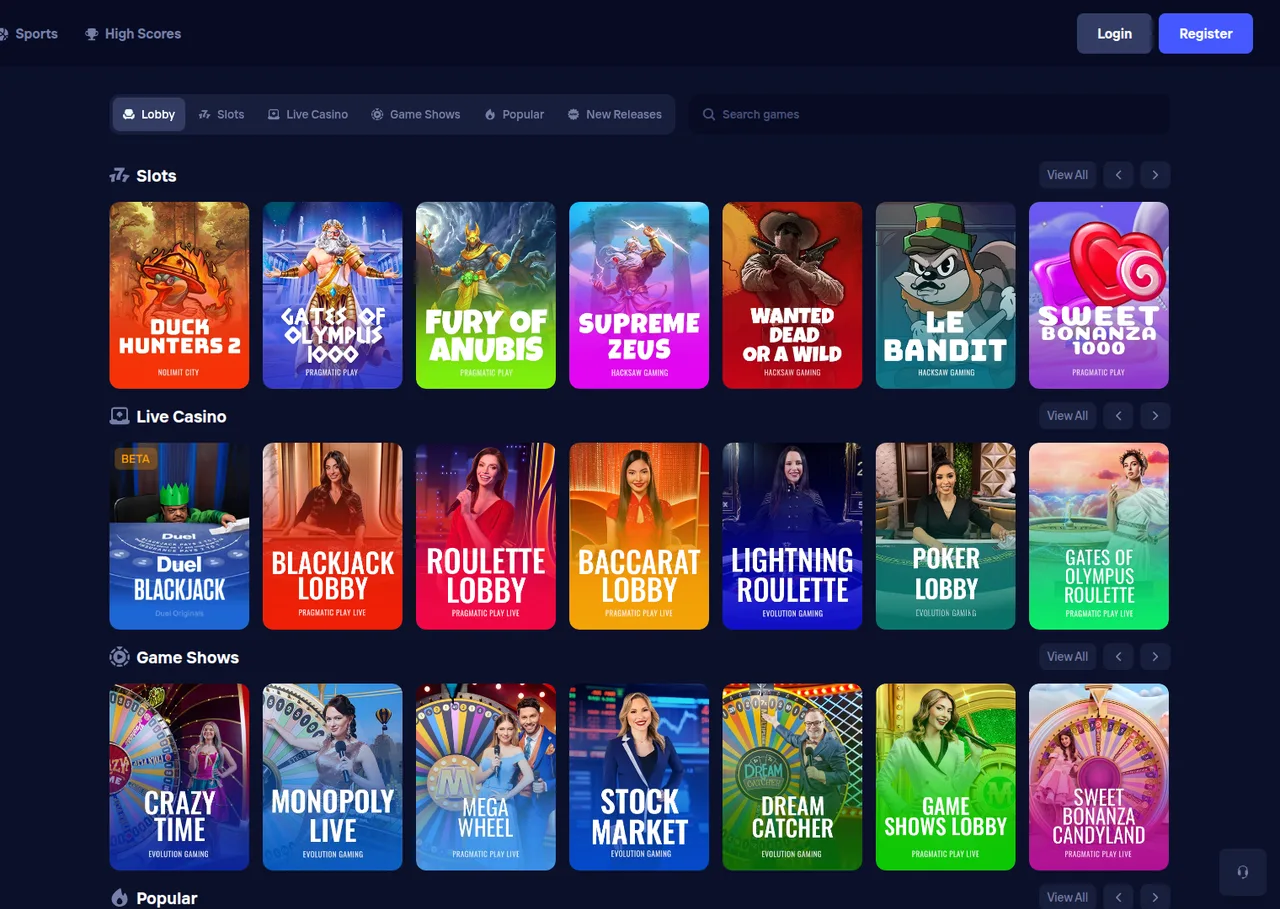 The Duel casino lobby with slots, the live casino row including the Duel Blackjack studio, and game shows