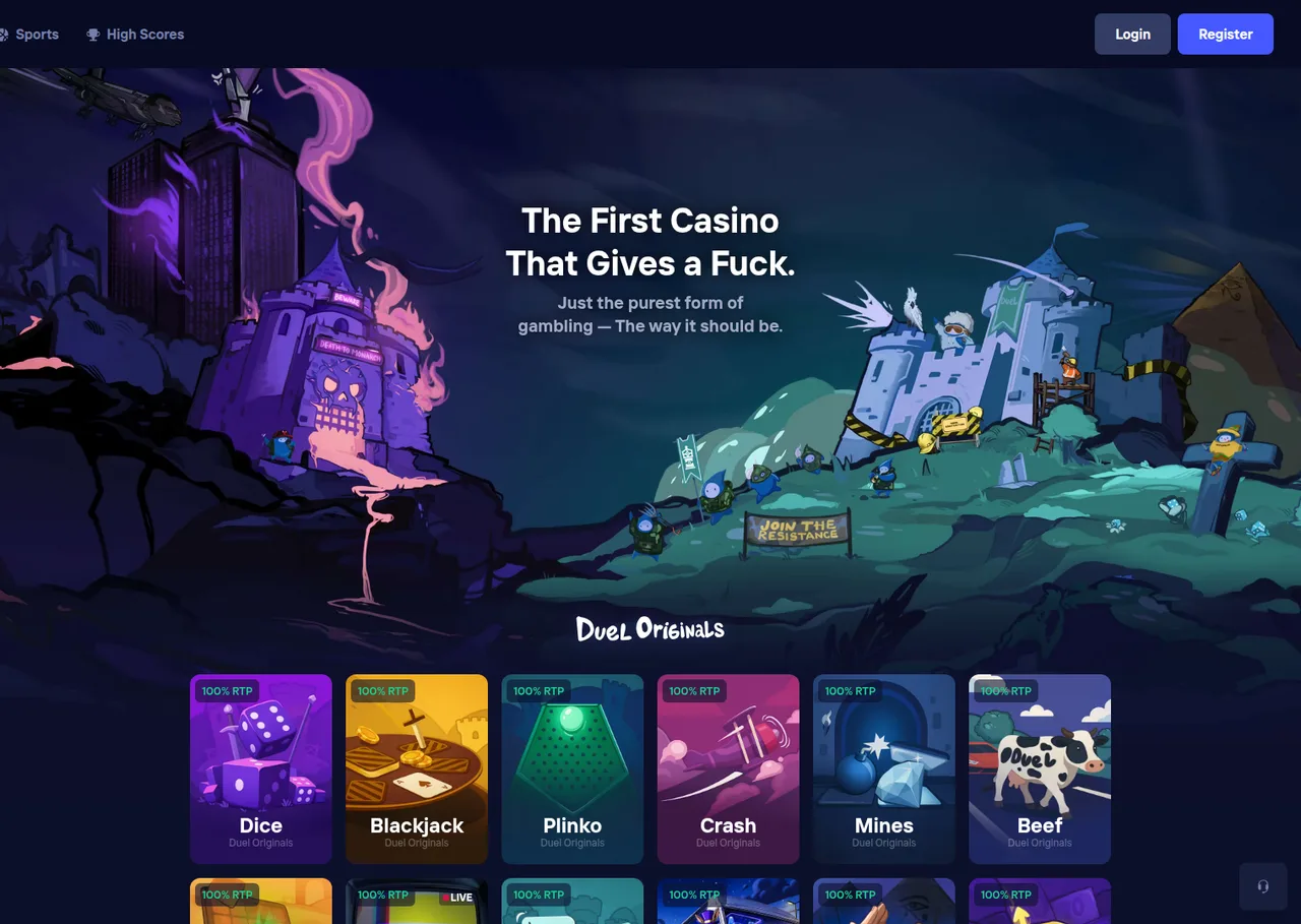 Duel homepage with the castle artwork and the row of Duel Originals marked 100% RTP
