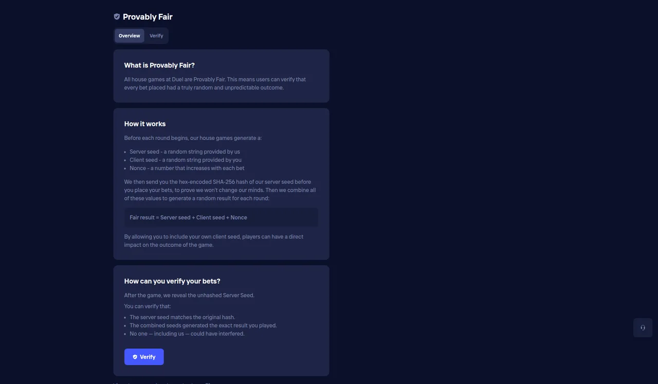 The Duel provably fair page explaining server seed, client seed and nonce, with the Verify button