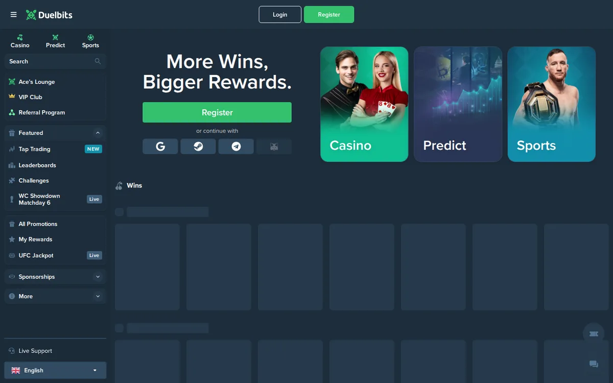 Duelbits casino, predict and sports betting game selection