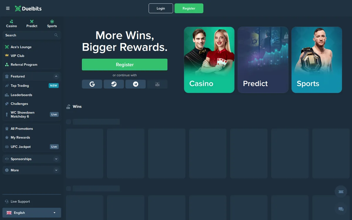 Duelbits homepage showing the crypto casino, predict and sports betting sections