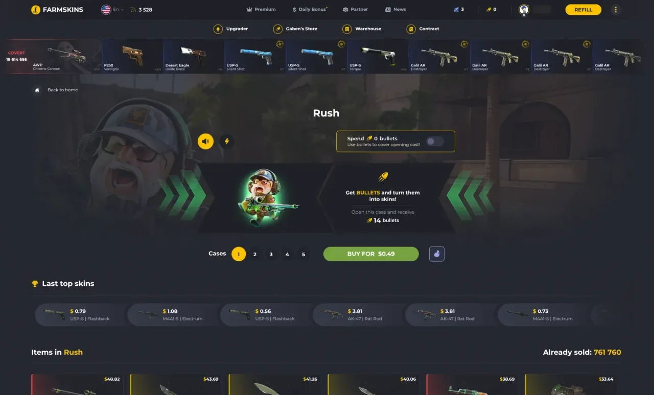 The Farmskins Rush case page at 0.49 USD, with the Bullets banner, the buy button and the item list with prices and no odds