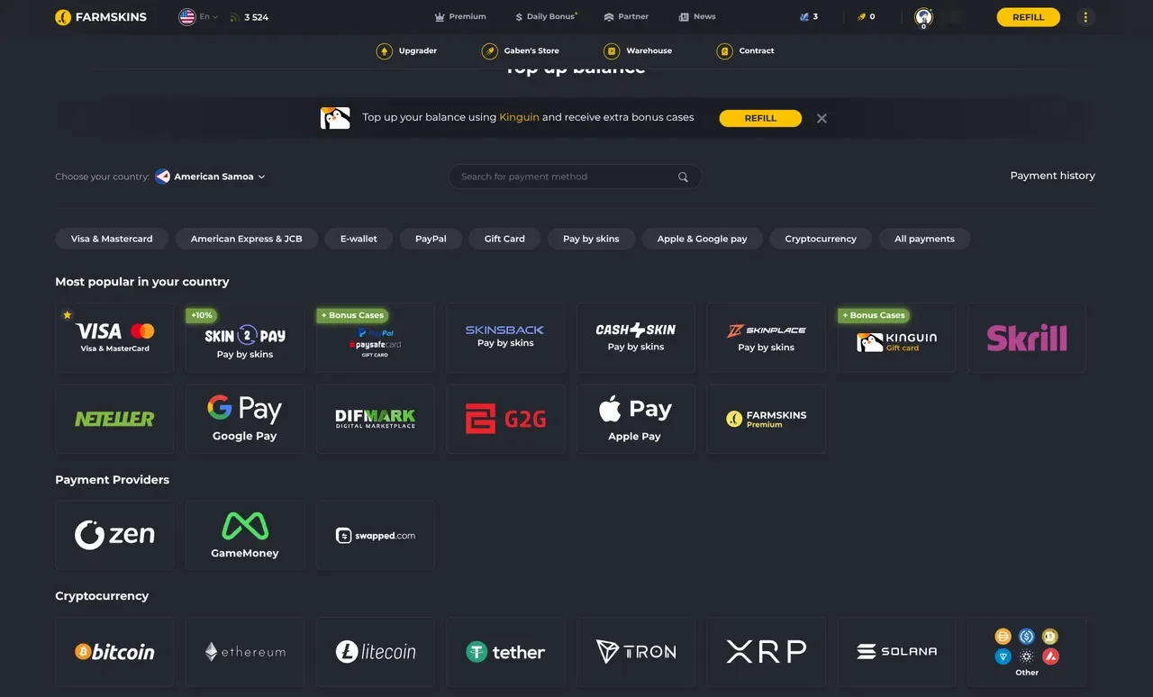 The Farmskins top up page with the country selector, the nine payment tabs, the skin providers, the e-wallets and the crypto row