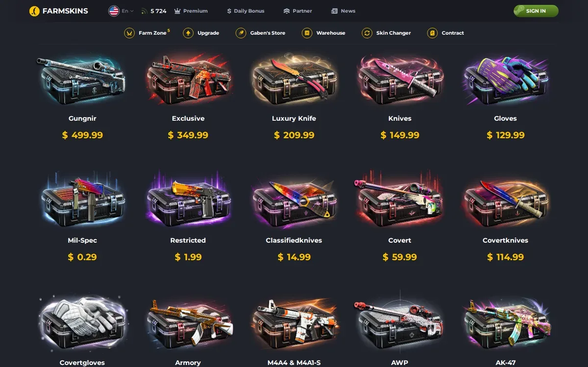 Farmskins game modes including case opening, upgrader and case battles