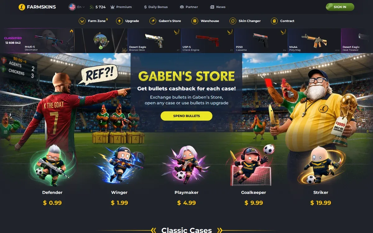 Farmskins homepage showing the CS2 case-opening catalog and featured cases