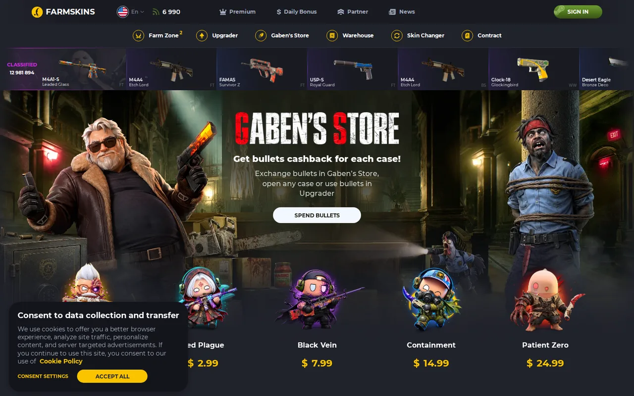 Farmskins homepage with the Bullets cashback banner, the case catalogue and the live drop feed