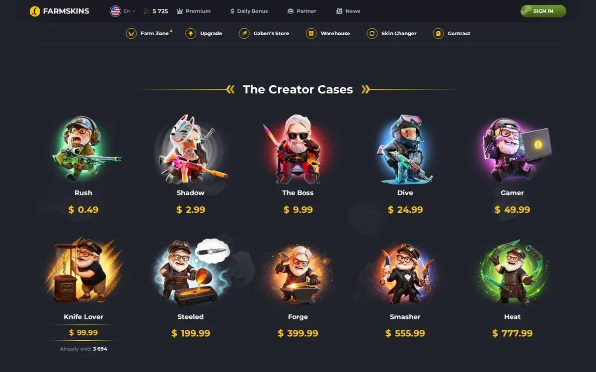 Farmskins reward modes including daily free cases and deposit bonuses