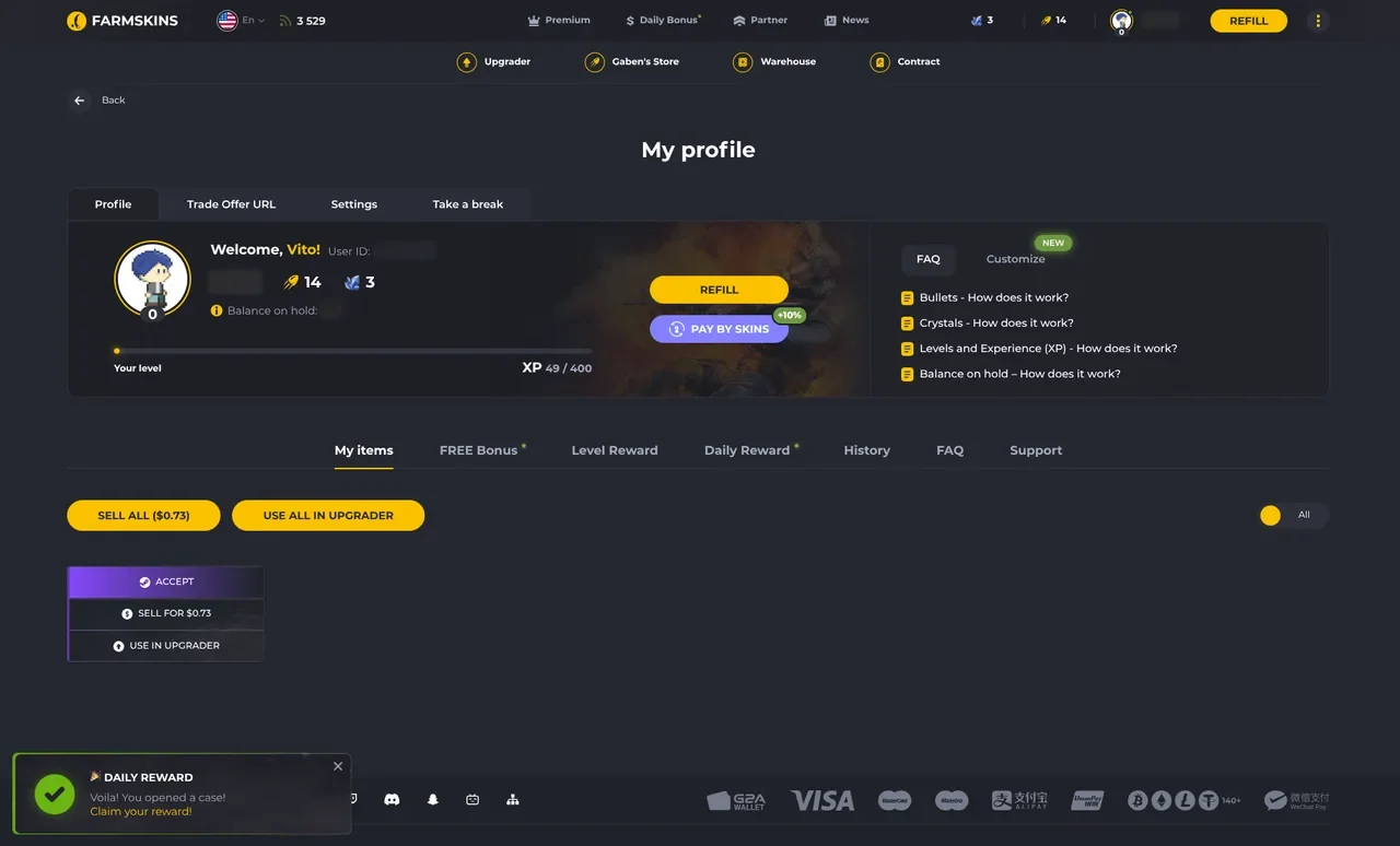 The Farmskins profile page with the My items tab, showing Accept, Sell and Use in upgrader on an opened skin
