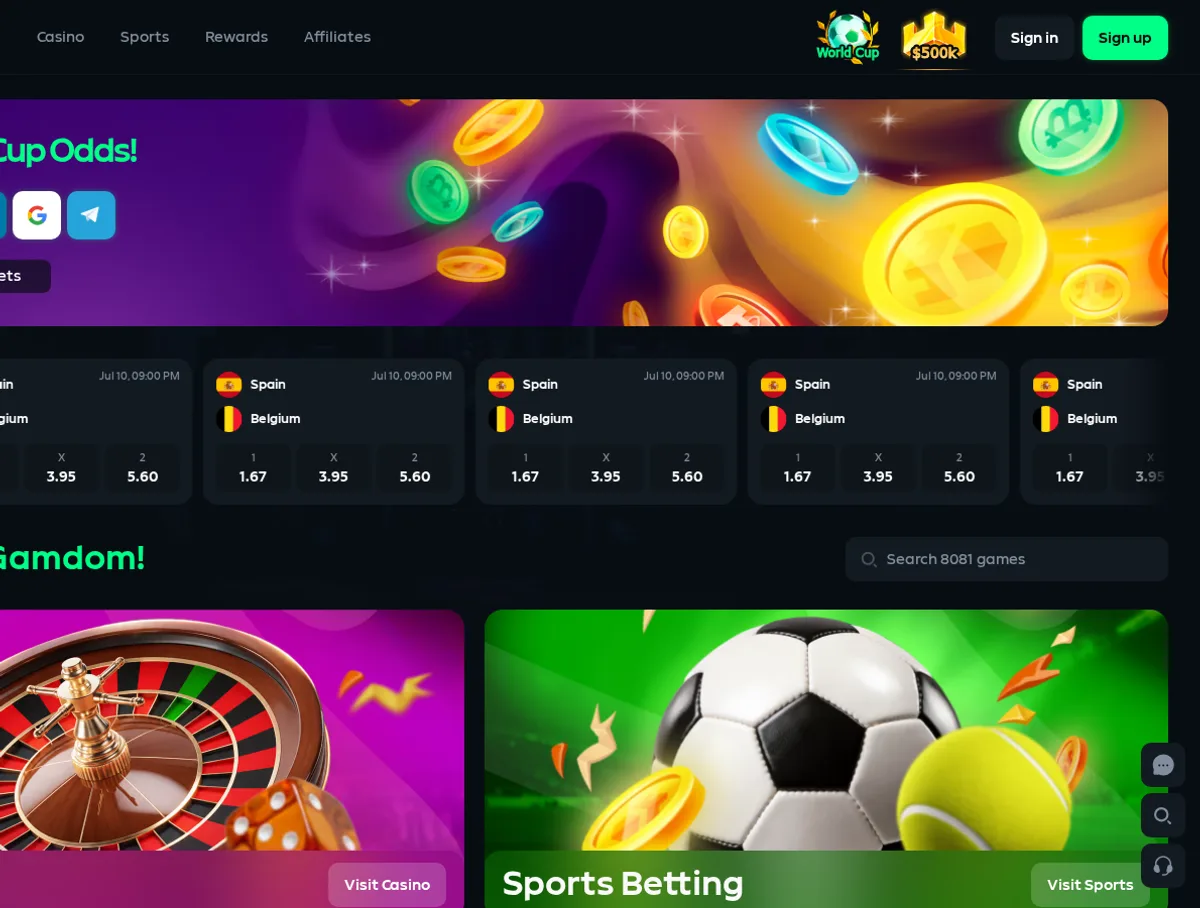 Gamdom homepage showing the crypto casino, sportsbook and games