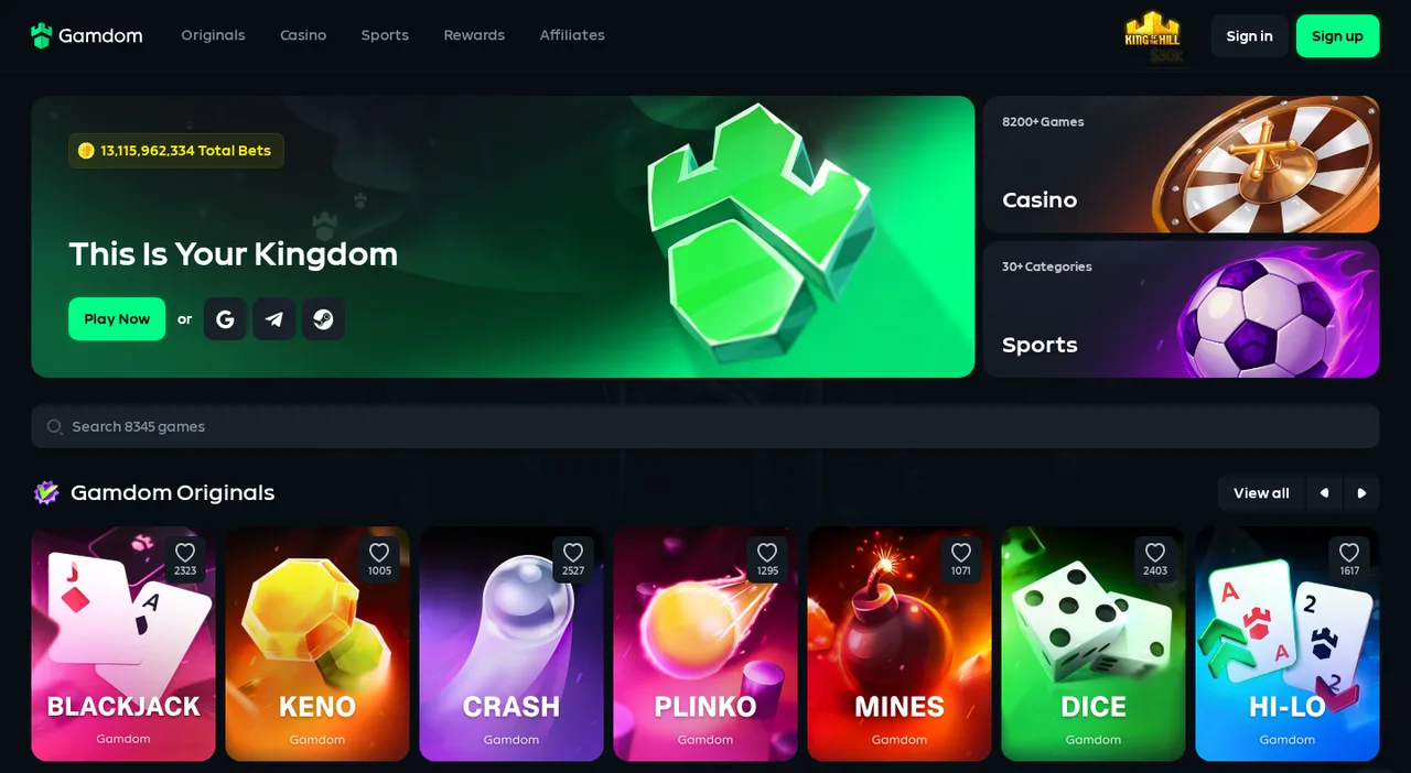 Gamdom homepage with the total bets counter, the Casino and Sports tiles and the row of Gamdom Originals