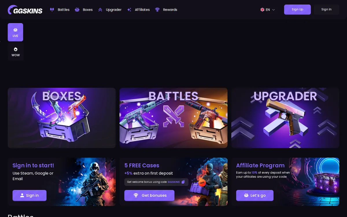 GGSkins homepage showing the CS2 case-opening site