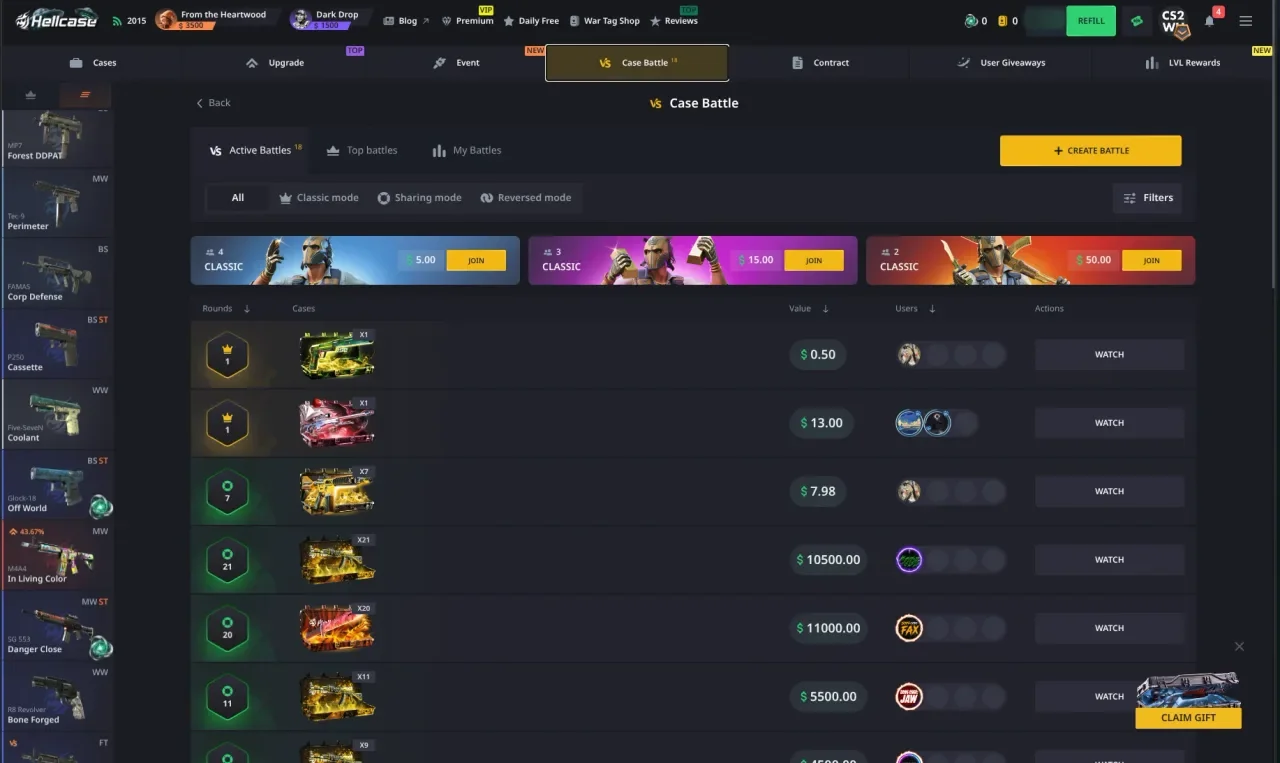 The Hellcase case battle lobby with the Classic, Sharing and Reversed mode filters and a list of open battles from 0.50 USD to 11,000 USD