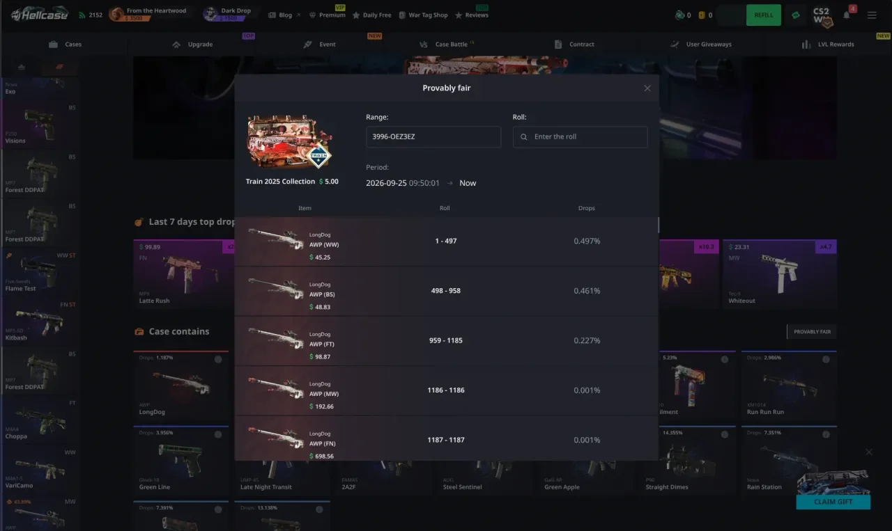 The Hellcase provably fair panel for the Train 2025 Collection case, listing each AWP LongDog wear with its roll range and drop chance