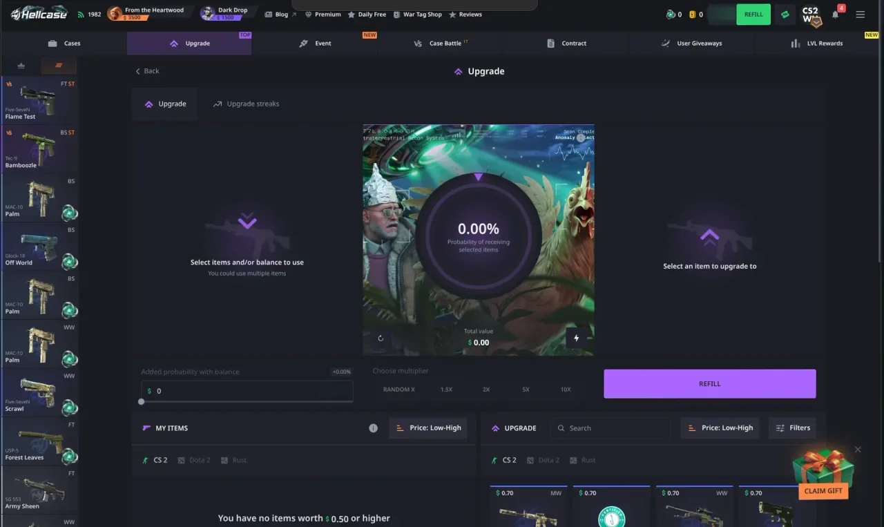 The Hellcase upgrader with the probability wheel in the middle, the multiplier choices from 1.5x to 10x and the balance slider