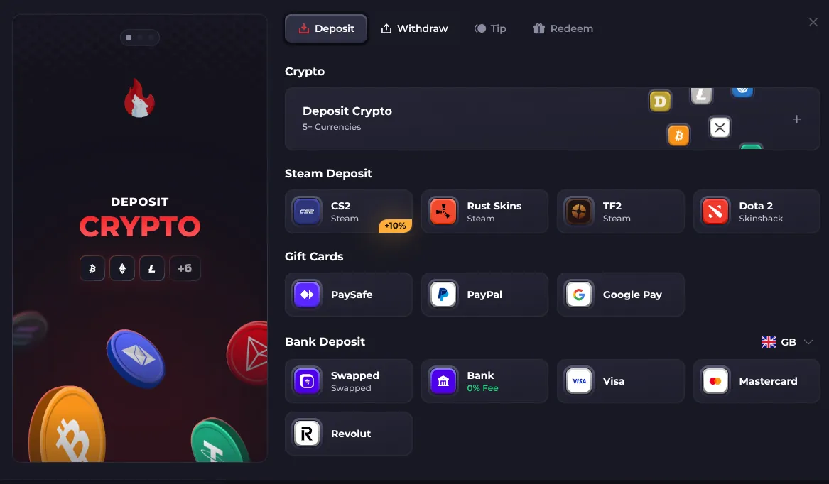 Howl.gg deposit window — CS2 and Rust skins, nine cryptocurrencies, cards and gift cards