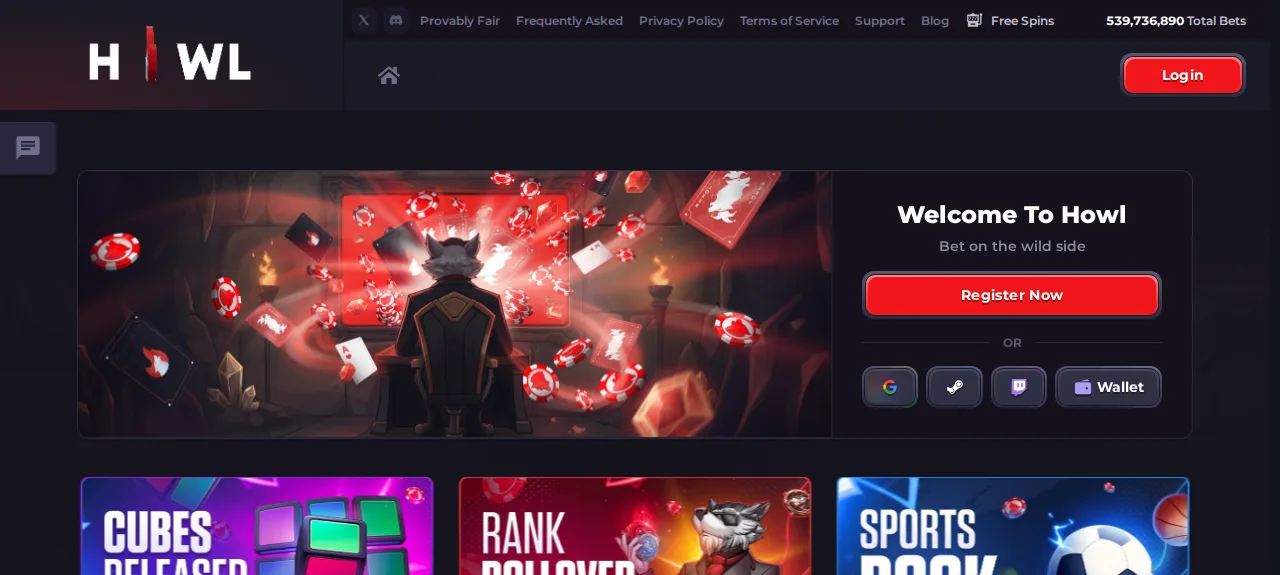 Howl.gg homepage with the Cubes Released, Rank Rollover and Sportsbook banners