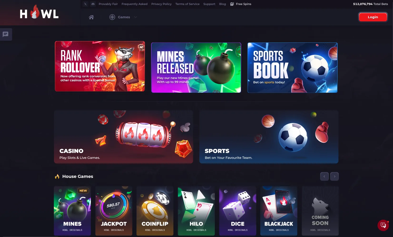 Howl.gg homepage showing the House Games lineup — Mines, Jackpot, Coinflip, HiLo, Dice and Blackjack Originals plus casino and sportsbook