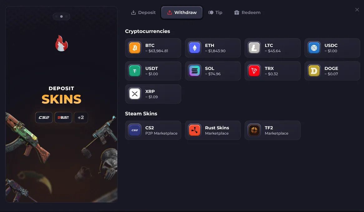 Howl.gg withdrawal methods — nine cryptocurrencies plus CS2, Rust and TF2 skin marketplaces, no fiat option