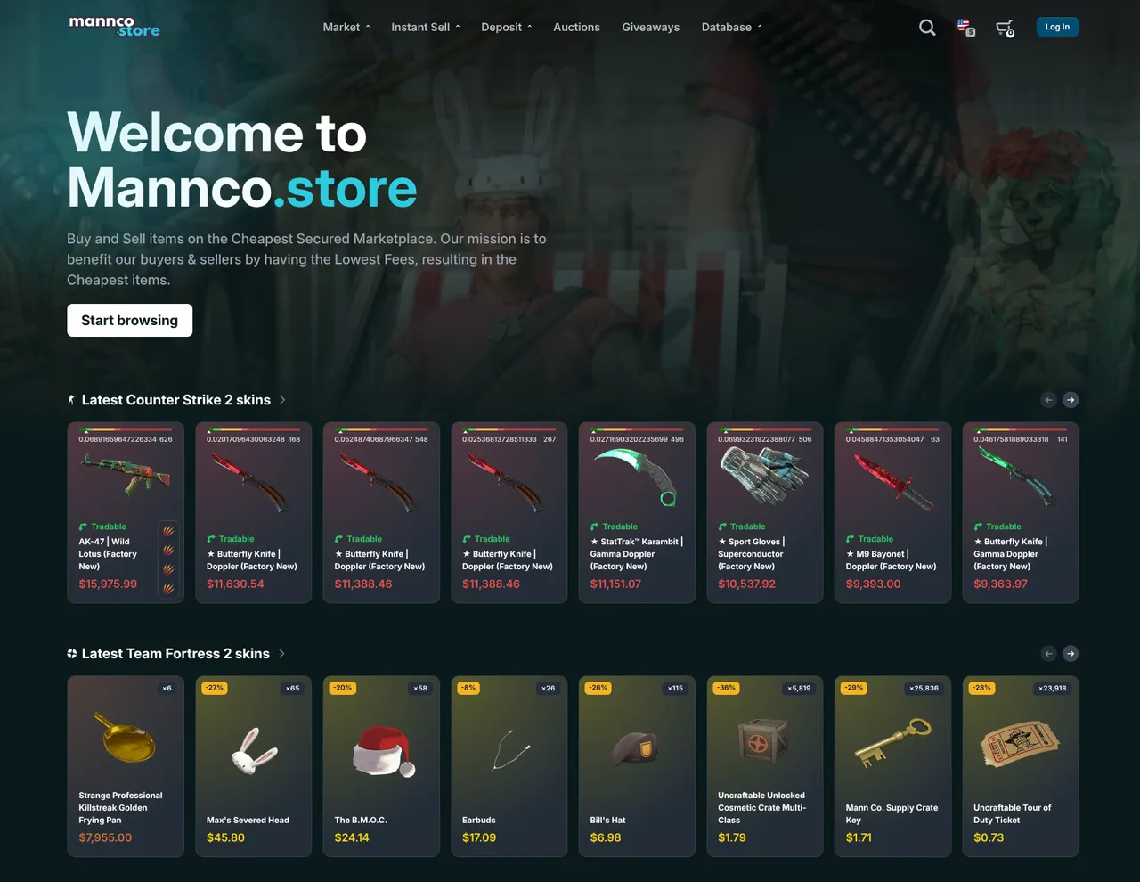 Mannco.store homepage in August 2026: CS2 and TF2 listings with USD prices and instant-sell, deposit and auction menus