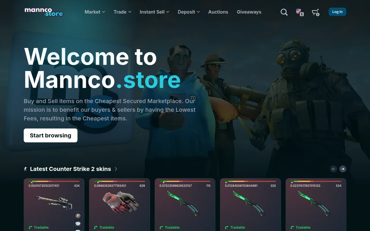 The Mannco.Store homepage, logged out, with Welcome to Mannco.store, the Market, Trade, Instant Sell, Deposit, Auctions and Giveaways menus, and the latest Counter-Strike 2 skins