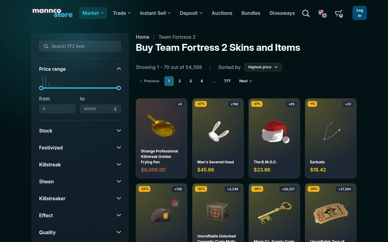 The Mannco.Store Team Fortress 2 market, logged out, with 54,388 listings sorted by highest price and filters for killstreak, sheen, effect and quality