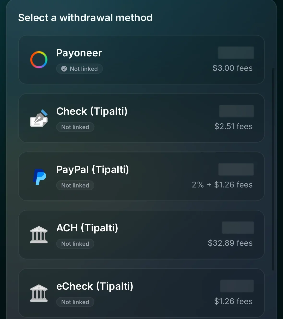 The Mannco.Store withdrawal screen with Payoneer at $3.00, a Tipalti check at $2.51, PayPal at 2% plus $1.26, ACH at $32.89 and eCheck at $1.26 in fees