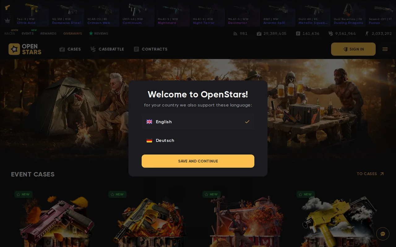 OpenStars homepage with the live drop strip, the Cases, Casebattle and Contracts menu and the case catalogue