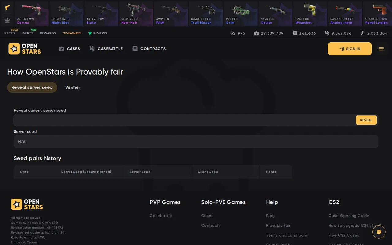 The OpenStars provably fair page with the reveal server seed button, the verifier and the seed pairs history table