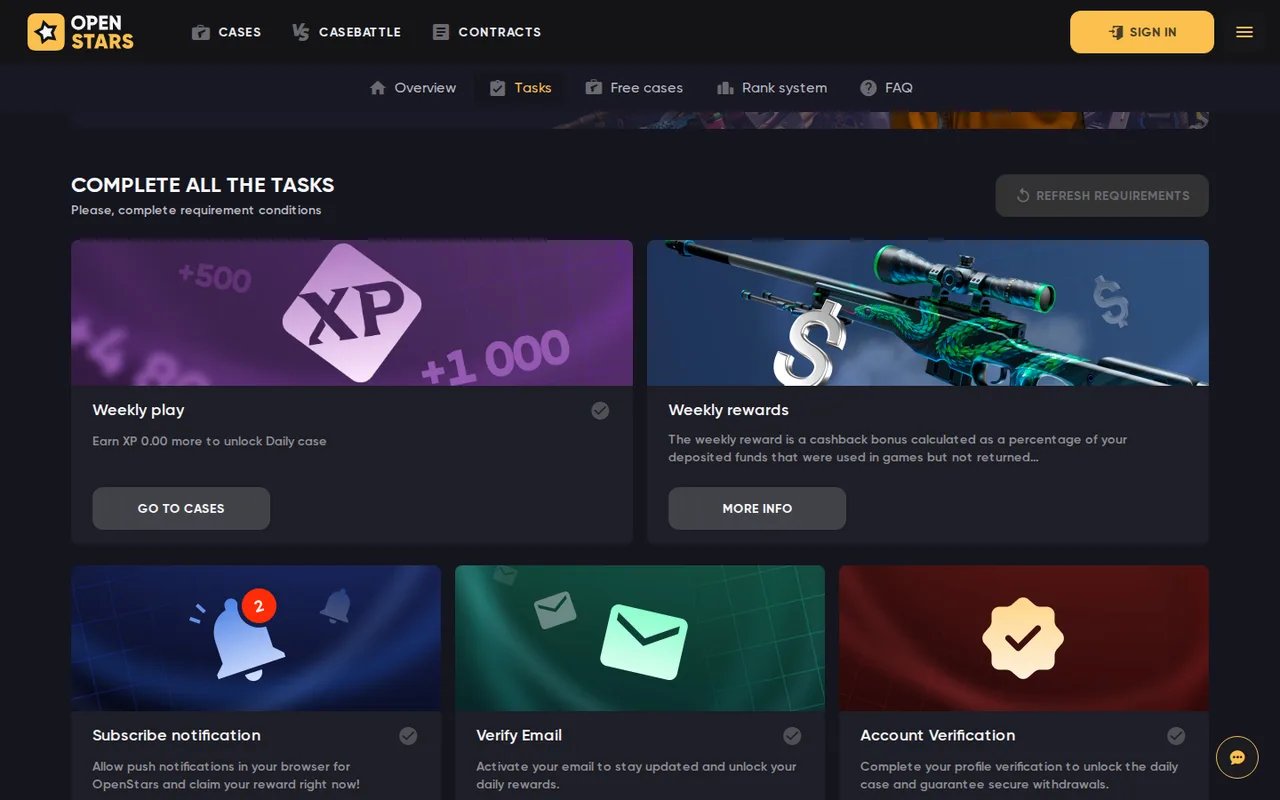 The OpenStars Rewards page with the weekly play, weekly rewards, notification, email and account verification tasks