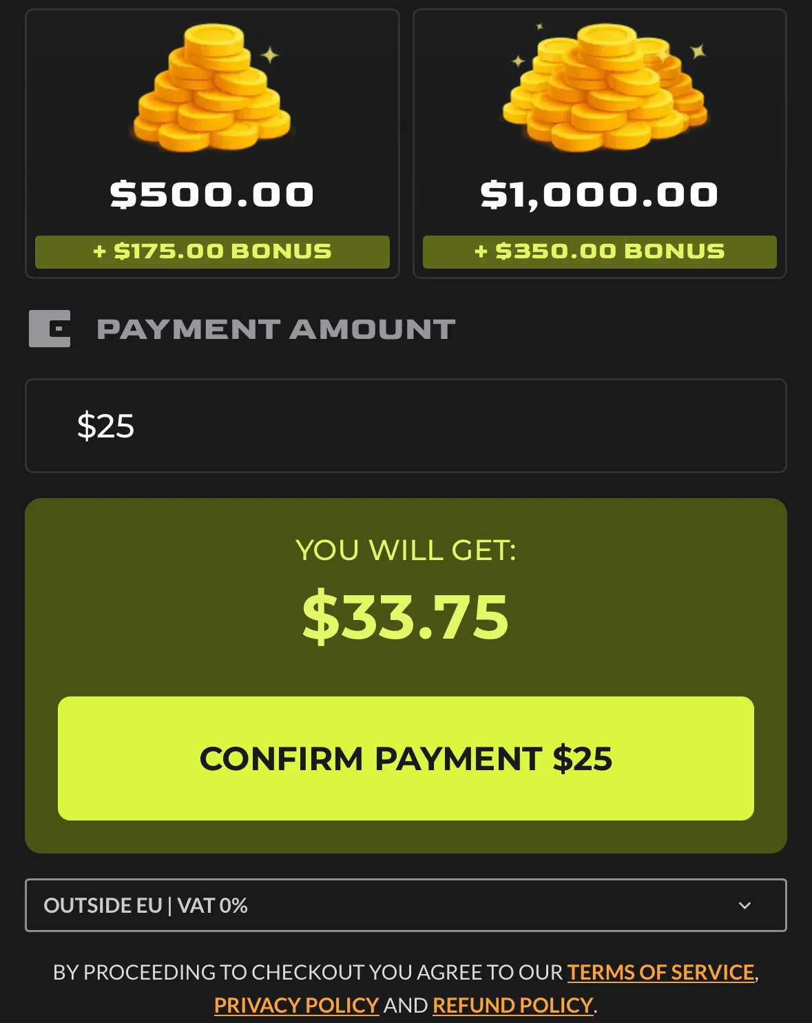 The PirateSwap amount screen with $500 and $1,000 top-ups showing $175 and $350 bonuses, a $25 payment that gives $33.75, and a VAT drop-down set to Outside EU, VAT 0%