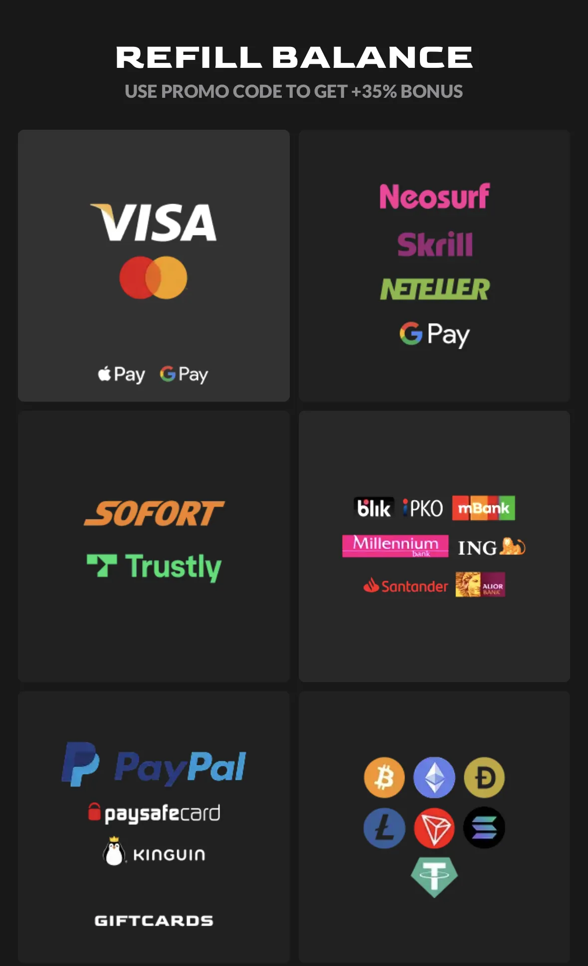 The PirateSwap Refill balance screen with Use promo code to get +35% bonus, and tiles for Visa and Mastercard, Neosurf, Skrill, Neteller, Sofort, Trustly, Blik and Polish banks, PayPal, paysafecard and Kinguin gift cards, and crypto