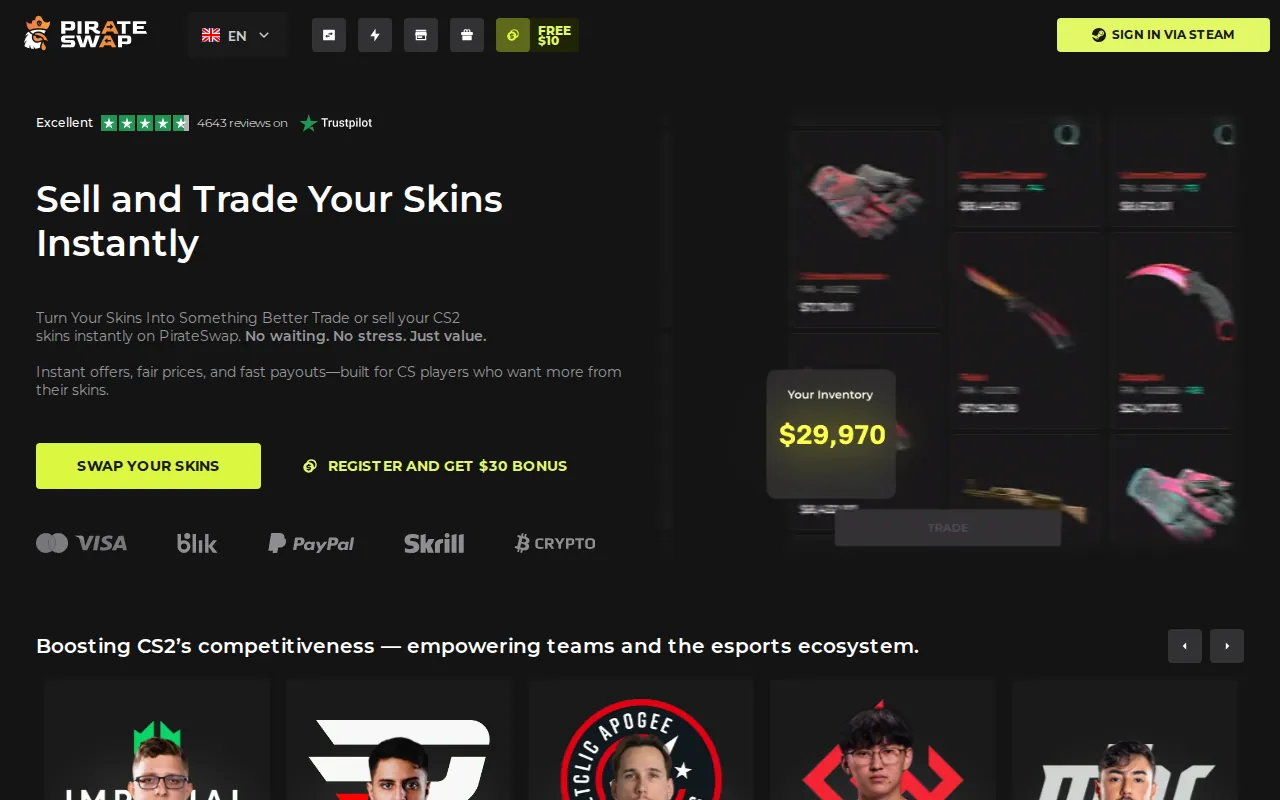 The PirateSwap homepage, logged out, with Sell and Trade Your Skins Instantly, a Register and get $30 bonus button, and Visa, Blik, PayPal, Skrill and crypto logos