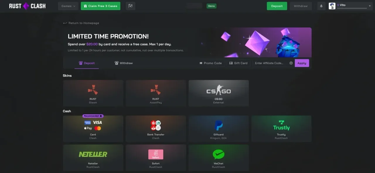 The RustClash deposit page with the Rust and CS:GO skin tiles and the cash methods labelled Clash and RustClash