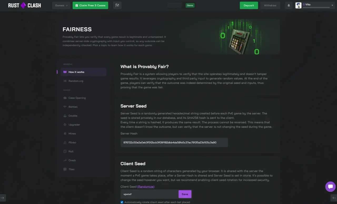 The RustClash Fairness page with the server hash, the client seed box and a tab for each game