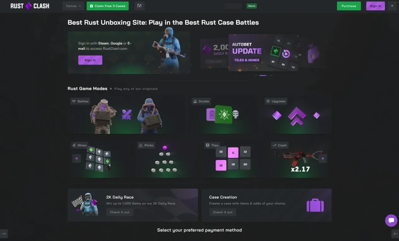 RustClash homepage with the Claim Free 3 Cases button, the Rust game mode tiles, the 2K Daily Race and Case Creation