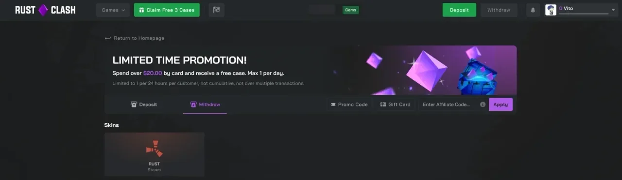 The RustClash withdraw tab, with Rust skins sent through Steam