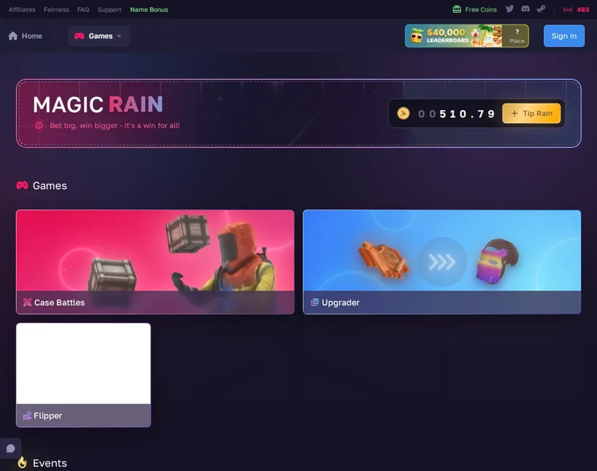 RustMagic homepage showing the Rust skin gambling lobby and game modes