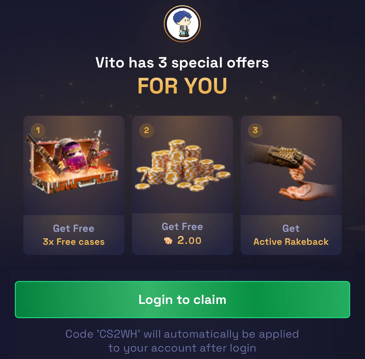 The page our link opens on RustyLoot: 3 free cases, 2 free coins and active rakeback, with code CS2WH applied after login