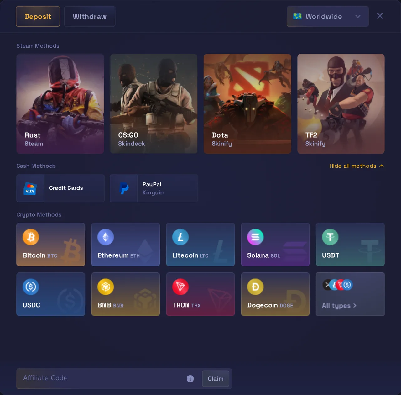 The RustyLoot deposit screen with Rust, CS:GO, Dota and TF2 skin tiles, cards, PayPal through Kinguin, 9 cryptocurrencies and the Affiliate Code box