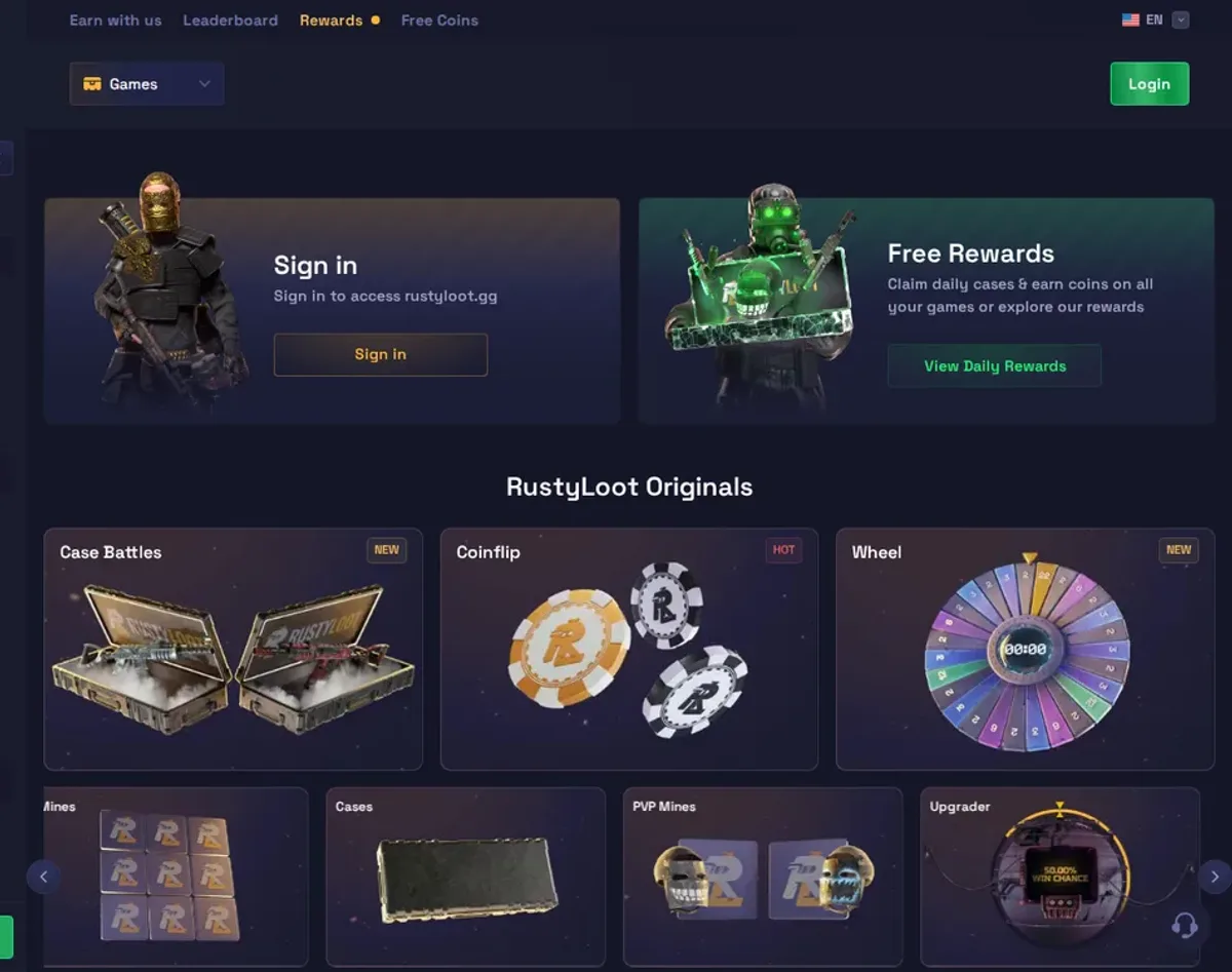 RustyLoot game modes including cases, coinflip, wheel and mines