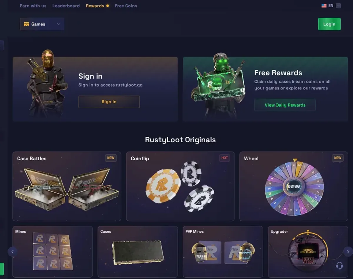 RustyLoot homepage showing the Rust skin gambling lobby and game selection
