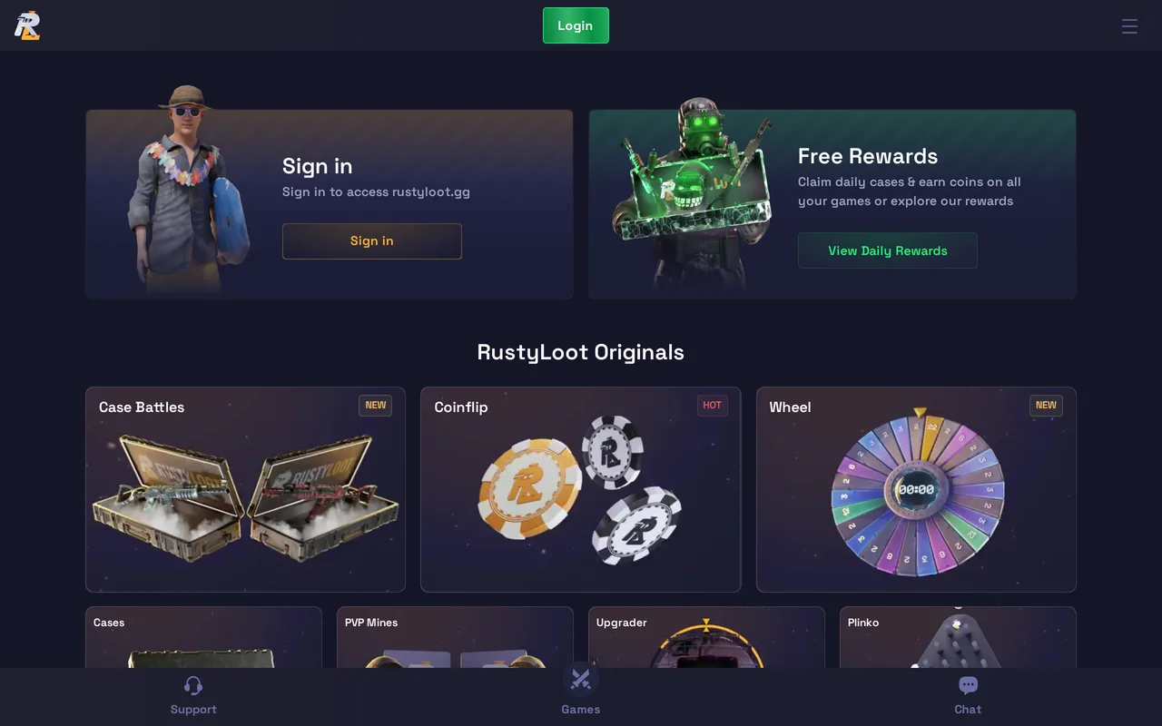 RustyLoot homepage with the Sign in and Free Rewards banners and the RustyLoot Originals: Case Battles, Coinflip, Wheel, Cases, PVP Mines, Upgrader and Plinko