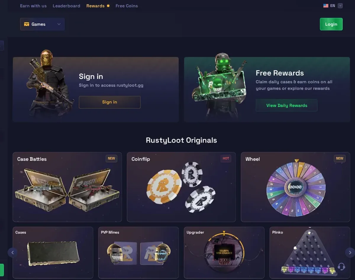 RustyLoot promo code and free coins panel showing the welcome offer