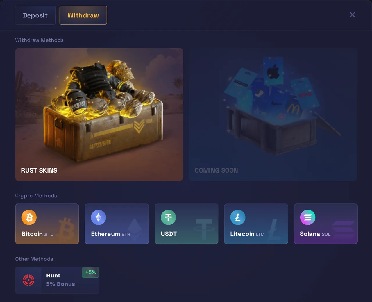 The RustyLoot withdraw screen with Rust skins, five cryptocurrencies, Hunt with a 5% bonus, and a gift card tile marked Coming soon